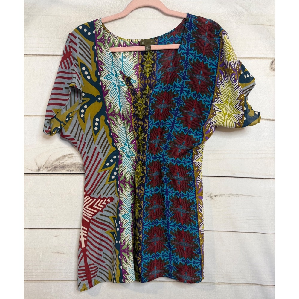 Anthropologie Fei Silk Patchwork Tunic Top XS Mixed Print Boho Dolman Sleeve